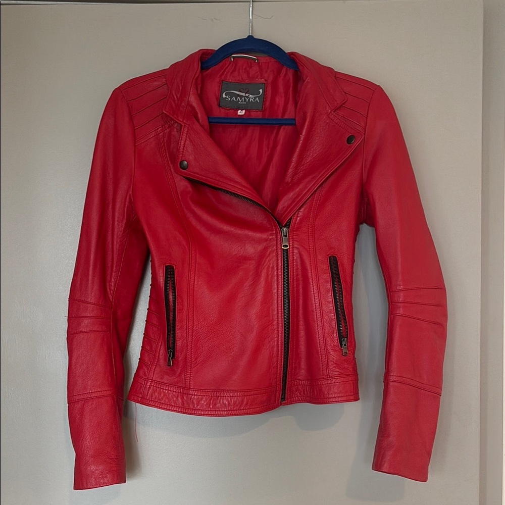 Samya Red Leather Moto Jacket Fitted Cropped